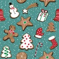 Vector illustration of christmas cookies set on blue background with snow. Seamless pattern Royalty Free Stock Photo