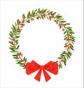 Vector illustration Christmas decoration wreath with winter berries and red bow on white background Royalty Free Stock Photo