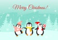 Vector illustration Christmas funny penguins on winter snow background. Concept of winter holiday greeting card with Royalty Free Stock Photo