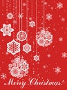 Vector illustration of Christmas greeting card in flat design with snowflakes on red background and space for text in Royalty Free Stock Photo