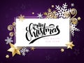 Vector illustration of christmas greeting card with hand lettering label - merry christmas - with stars, sparkles Royalty Free Stock Photo