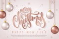 Vector illustration of christmas greeting card with hand lettering label - merry christmas - with hanging christmas Royalty Free Stock Photo