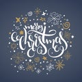 Vector illustration of christmas greeting card with hand lettering label - merry christmas - surrounded with doodle Royalty Free Stock Photo