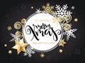 Vector illustration of christmas greeting card with hand lettering label - merry xmas - with stars, sparkles, snowflakes Royalty Free Stock Photo