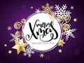 Vector illustration of christmas greeting card with hand lettering label - merry xmas - with stars, sparkles, snowflakes Royalty Free Stock Photo