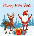 Vector illustration of Christmas greeting card with happy santa and deer in flat style. Royalty Free Stock Photo