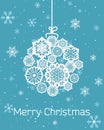 Vector illustration of Christmas greeting card with snowflakes on light blue color background in flat style. Merry Royalty Free Stock Photo
