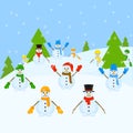 Snowmen group. Christmas Landscape