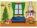 Vector illustration of Christmas living room with Christmas tree  gifts  sofa and fireplace Royalty Free Stock Photo