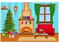 Festive vector room for New year and Christmas. Christmas tree  gifts  sofa  table with treats and fireplace Royalty Free Stock Photo