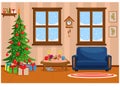 Vector illustration of Christmas living room with Christmas tree  gifts  sofa  table with treats and snow-covered window Royalty Free Stock Photo