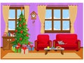 Festive vector room for New year and Christmas. Christmas tree  gifts  sofa  table with treats and snow-covered window Royalty Free Stock Photo