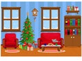 Festive vector room for New year and Christmas. Christmas tree  gifts  sofa  table with treats and snow-covered window Royalty Free Stock Photo
