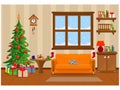 Festive vector room for New year and Christmas. Christmas tree  gifts  sofa  table with treats and snow-covered window Royalty Free Stock Photo