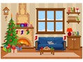 Festive vector room for New year and Christmas. Christmas tree  gifts  sofa  table with treats and snow-covered window Royalty Free Stock Photo