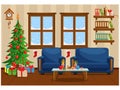 Christmas living room with Christmas tree  gifts  sofa  table with treats. Royalty Free Stock Photo