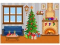 Festive vector room for New year and Christmas. Christmas tree  gifts  sofa  table with treats  snow-covered window and Royalty Free Stock Photo