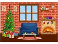 Festive vector room for New year and Christmas. Christmas tree  gifts  sofa  table with treats  snow-covered window and Royalty Free Stock Photo