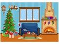 Living room with Christmas tree  gifts  sofa and snow-covered window. Festive vector room for New year and Christmas. Royalty Free Stock Photo