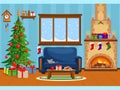 Christmas tree  gifts  sofa  table with treats  snow-covered window. Royalty Free Stock Photo