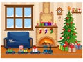 Festive vector room for New year and Christmas. Christmas tree  gifts  sofa  table with treats  snow-covered window  fireplace Royalty Free Stock Photo