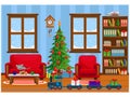 Festive vector room for New year and Christmas. Christmas tree  gifts  sofa  table with treats  snow-covered windows  and a toy Royalty Free Stock Photo