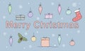 Vector illustration with Christmas and New Year elements. Gift sock, glass balls, holly leaves, gift boxes and snowflakes Royalty Free Stock Photo