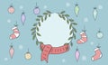 Vector illustration with Christmas and New Year elements. Gift sock, glass balls, holly leaves, gift boxes and snowflakes Royalty Free Stock Photo