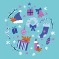 Vector illustration Christmas new year holiday decoration icons and elements set isolated on light blue background in Royalty Free Stock Photo