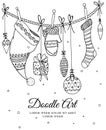 Vector illustration of Christmas, New Year zentangl elements hanging on a rope Royalty Free Stock Photo