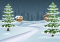 Christmas night scene with a snowy wooden house and fir trees Royalty Free Stock Photo