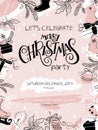 Vector illustration of christmas party poster with hand lettering label - christmas, and hand drawn elements - fir-tree