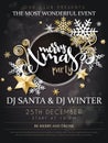 Vector illustration of christmas party poster with hand lettering label - christmas - with stars, sparkles, snowflakes Royalty Free Stock Photo
