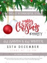 Vector illustration of christmas party poster template with hand lettering label - merry Christmas - realistic spruce