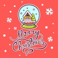 Vector illustration of christmas snow globe and hand written tex