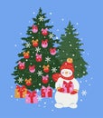 Vector illustration with Christmas tree with baubles, snowman and presents. Royalty Free Stock Photo