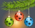 Vector illustration Christmas-tree branch with hanging christmas ornaments and garland and the greetings text - Merry Xmas - and Royalty Free Stock Photo