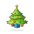 Christmas tree with gifts under it and a star on the crown. Hand drawn doodle. Royalty Free Stock Photo