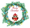 Vector Christmas wreath with owl in Santa hat Royalty Free Stock Photo