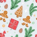 Vector illustration of Christmass seamless pattern. New Year's branches, gingerbread cookies present box top view.