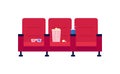 Vector illustration of a cinema hall, three armchairs with popcorn, fizzy drink and 3d glasses. Concept, watch movies Royalty Free Stock Photo