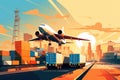 vector illustration of a city with a airplane, Air cargo freighter Logistics import export goods of freight global, Process of