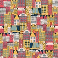 Vector illustration of a city building in the form of a color seamless pattern. Houses of different shapes. Royalty Free Stock Photo