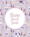 Vector illustration city landscape cute houses autumn trees in delicate purple lavender pastel colors. Lettering home sweet home. Royalty Free Stock Photo