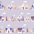 Vector illustration city landscape cute houses autumn trees. Horizontal streets in delicate purple lavender pastel Royalty Free Stock Photo
