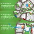 Vector illustration. City map top view with roads, colourful cars and orange navigation pin. Can used for web banners