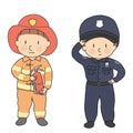 Vector illustration of city professions, firefighter & policeman. What I want to be when grow up. Children occupation costume Royalty Free Stock Photo