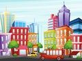 Vector illustration of city street with funny colorful buildings, skyscrapers, trees, taxi and bus on light sky Royalty Free Stock Photo