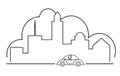 Vector illustration Cityscape with car and happy driver silhouette