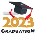 Vector illustration. Class 2023 badge design template in black and red colors. Congratulations to graduates 2023 banner